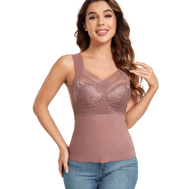 Camiseta sin mangas térmica para mujer, ropa interior cálida para clima frío, chaleco con sujetador incorporado, camisola de encaje, Tops suaves debajo de la ropa