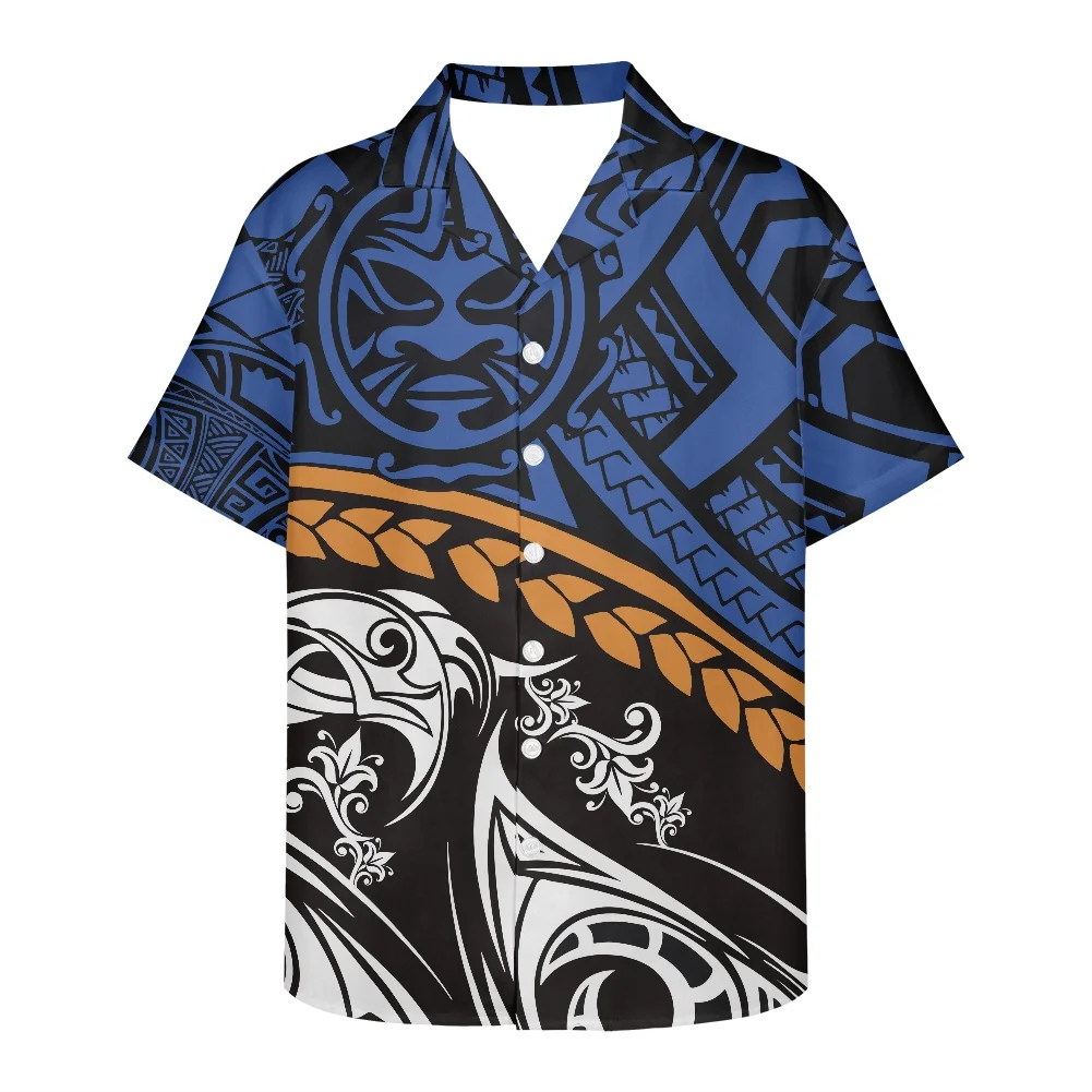 

HYCOOL Polynesian Tribal Sun Tattoos Print Summer Shirt Short Sleeve Bbq Party Hawaiian Shirt Navy Samoan Men Button Down Shirt