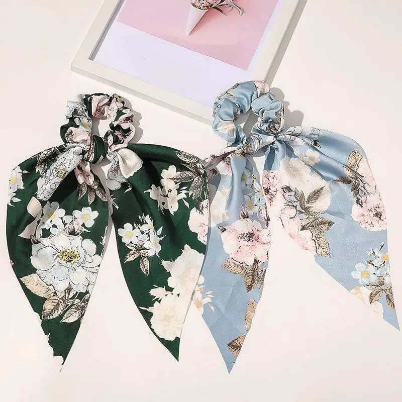 flower hair clips Fashion Floral Print Scrunchies Solid Color Hair ribbon For Women Ponytail scarf Satin Silk Elastic Hair Bands Hair Accessories head wrap for women