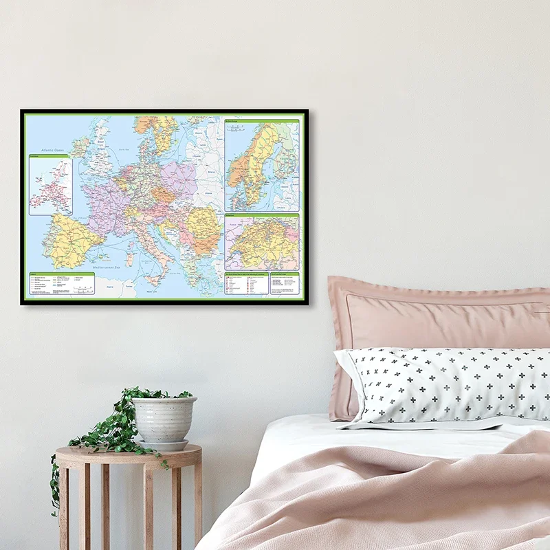 The Europe Political Map with Traffic Route 84*59cm Canvas Painting Wall Art Poster Home Decor School Classroom Supplies