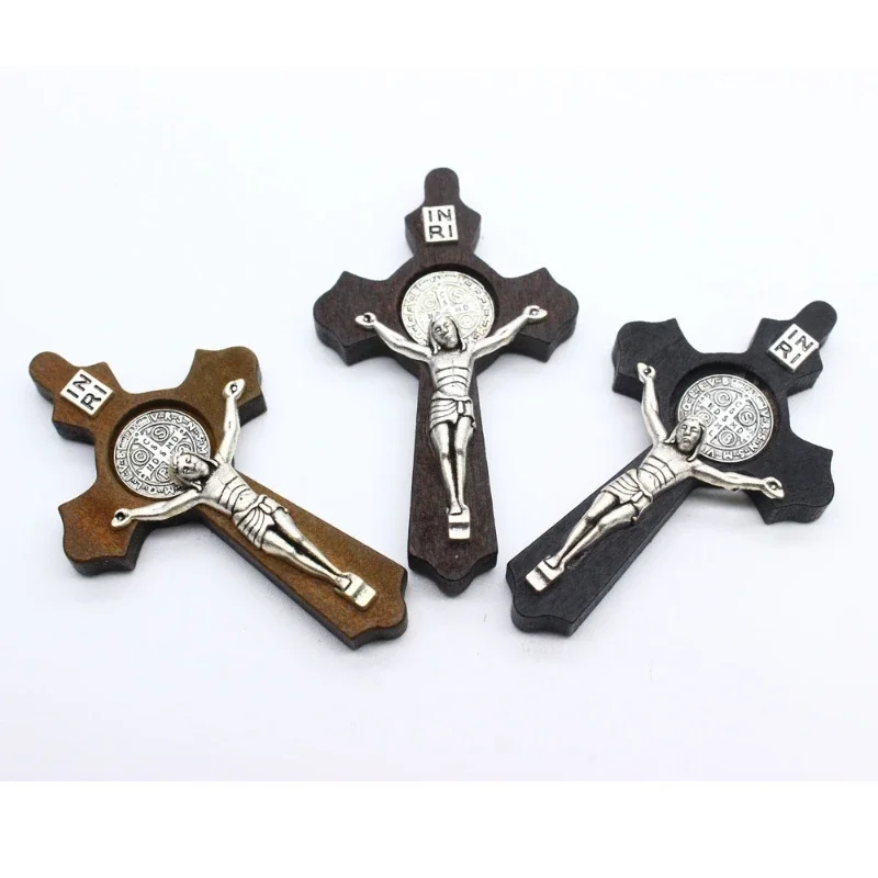 3pcs Religious Wooden Antique Black Brown Cross Rosary Pendant Jesus Saint Benedict Beaded Necklace for Men Women Jewelry handheld wooden cross wooden cross pectoral cross necklace christ pendant