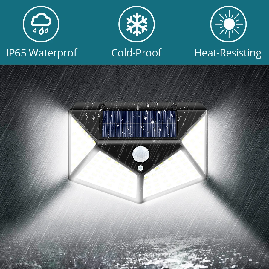 100LEDs Outdoor Solar Wall Light 4 Side Illuminated Waterproof PIR Human Sensor Auto On/Off Enclosure Patio Doorway Lighting