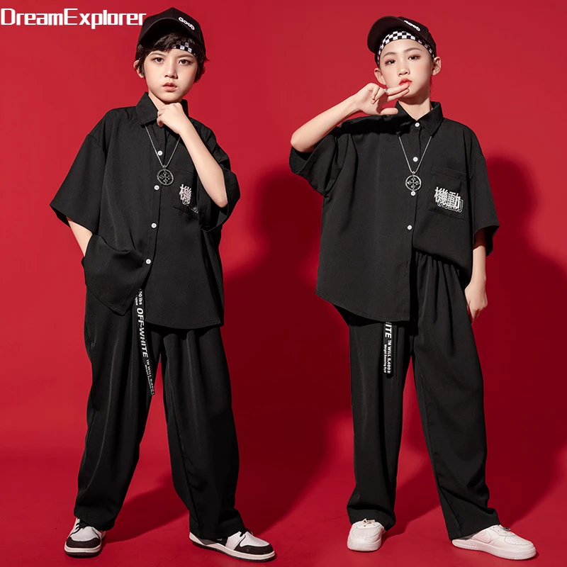 Boys Street Dance Black Shirt Joggers Girls Hip Hop Clothes Set Kids Cool Jazz Loose Sport Pants Outfits Teen Costume Streetwear absolver clothing sets	