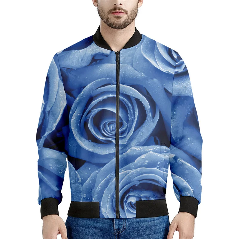 thumbnail image 1 of Chaqueta con cremallera y estampado de flores de rosas para hombre, con plantas 3D, mangas largas, para primavera y otoño, chaquetas de gran tamaño, abrigos, ropa de calle, 1 of 5