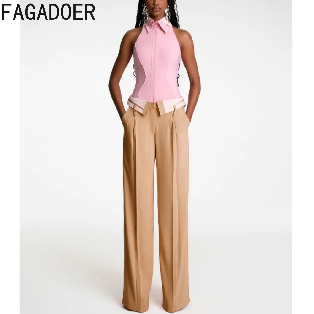 FAGADOER Vintage Fashion Ins Style Wide Leg Pants Women High Waisted Straight Trousers Elegant Lady Flip Collar Design Bottoms