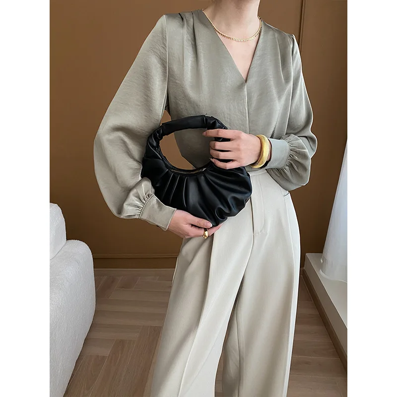 

Светильник Роскошная атласная французская рубашка с V-образным вырезом и фотоблестками, высококачественная, новая коллекция 2024 года для ранней весны