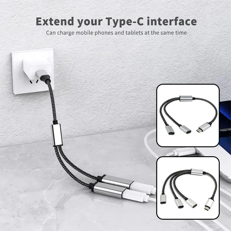 Dual USB-C Female Splitter Hub - Portable USB-C Male to Dual Port Adapter