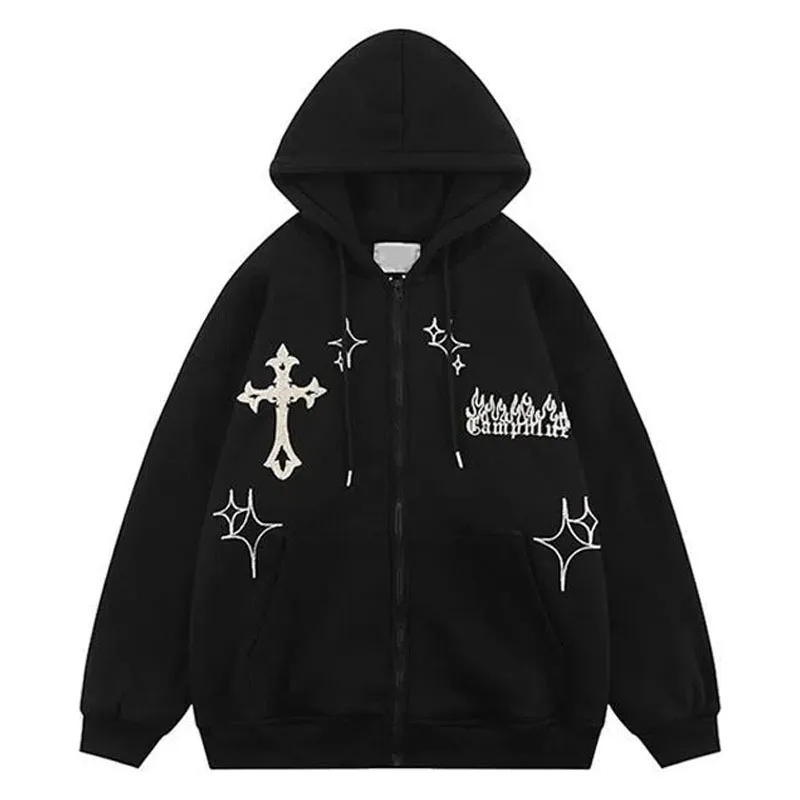 

Spring and autumn flocking gothic embroidery cross hooded cardigan dark thin sweater men and women retro casual top coat Y2K