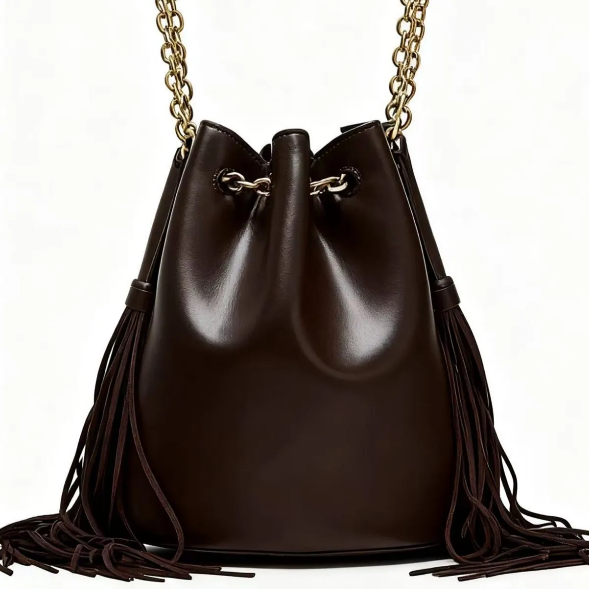 Fashion Tassel Bucket Bag Chains Drawstring Bags For Women Shoulder Bag PU Leather Handbag Ladies High Quality Purses NEW Tote