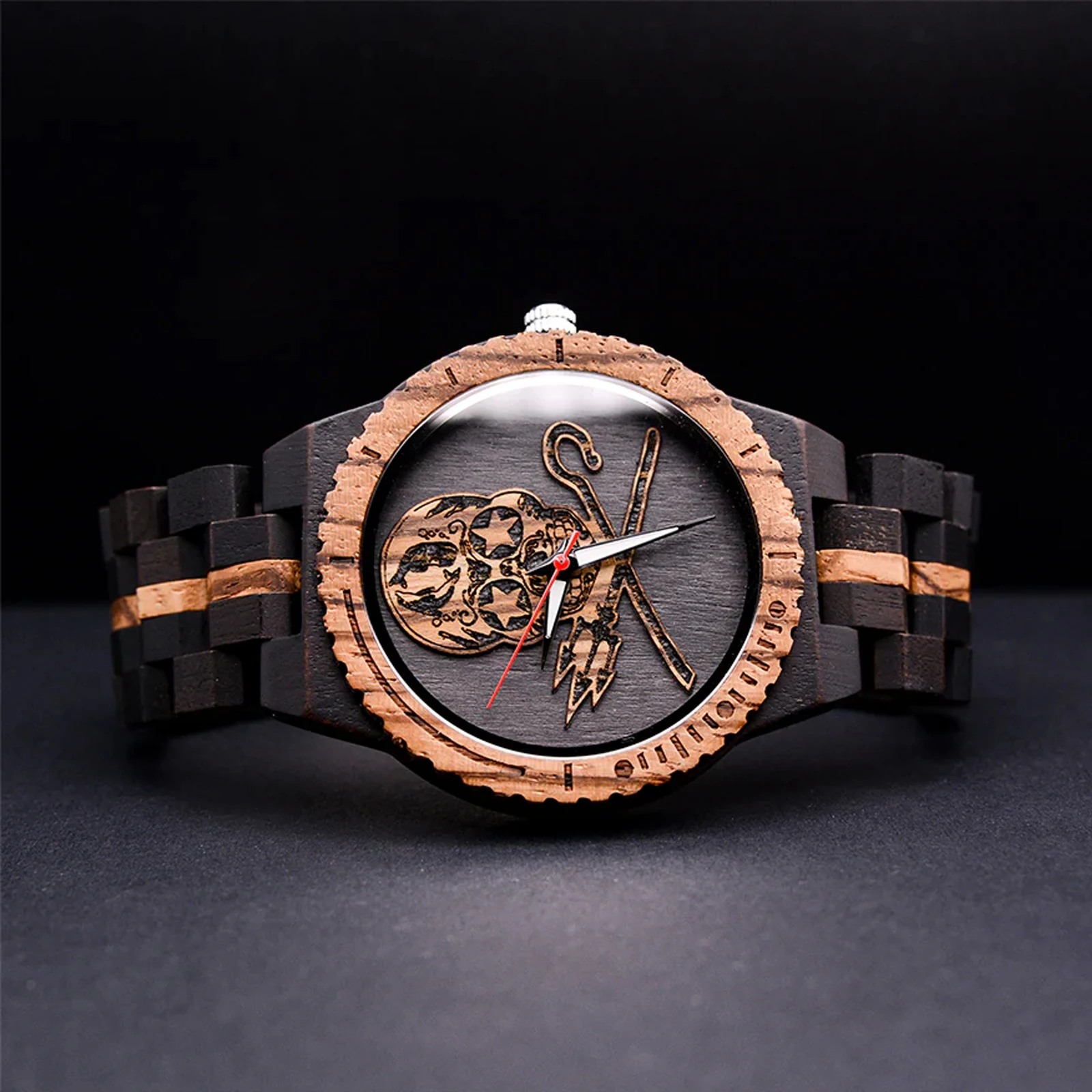 Men's wooden quartz wristwatches, steampunk skull pattern quartz wooden watch all wood adjustable bracelet