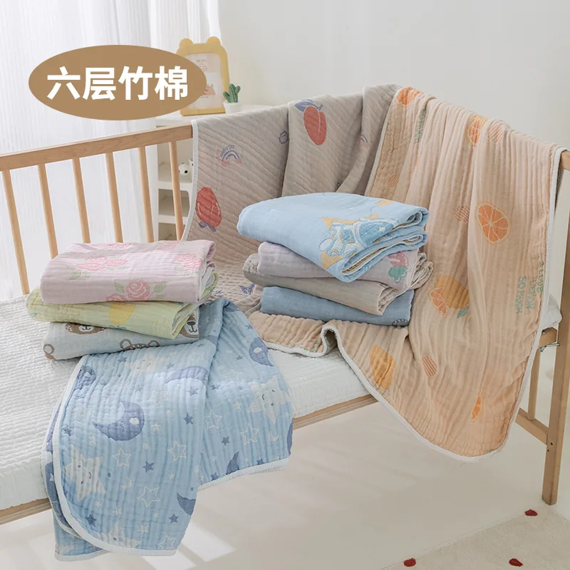 New Six-layer Bamboo Cotton Gauze Jelly Blanket Cute Cartoon Children's Small Blanket Soft Wrapped Kindergarten Quilt