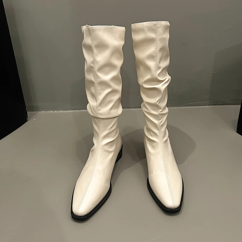 

Женские сапоги до колена на высоком квадратном каблуке, новинка 2024, Лидер продаж, зимняя однотонная женская обувь с острым носком, женские сапоги из искусственной кожи на квадратном каблуке