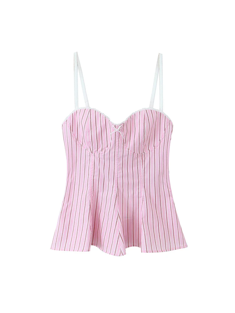 TFMLN Summer New Women Striped Spaghetti Strap Tops Leisure Sleeveless Slim Camis Tops Ruffle Hem A-line Ladies Chic Camisole