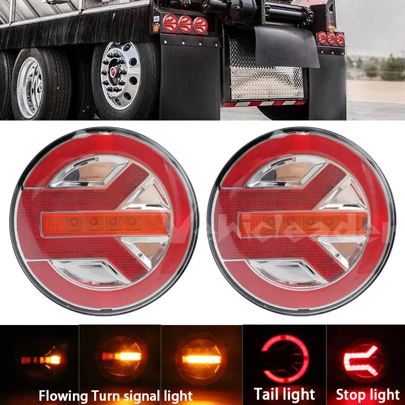 2Pcs 12V 24V Round Tail Light For Truck Trailers Sequential Dynamic