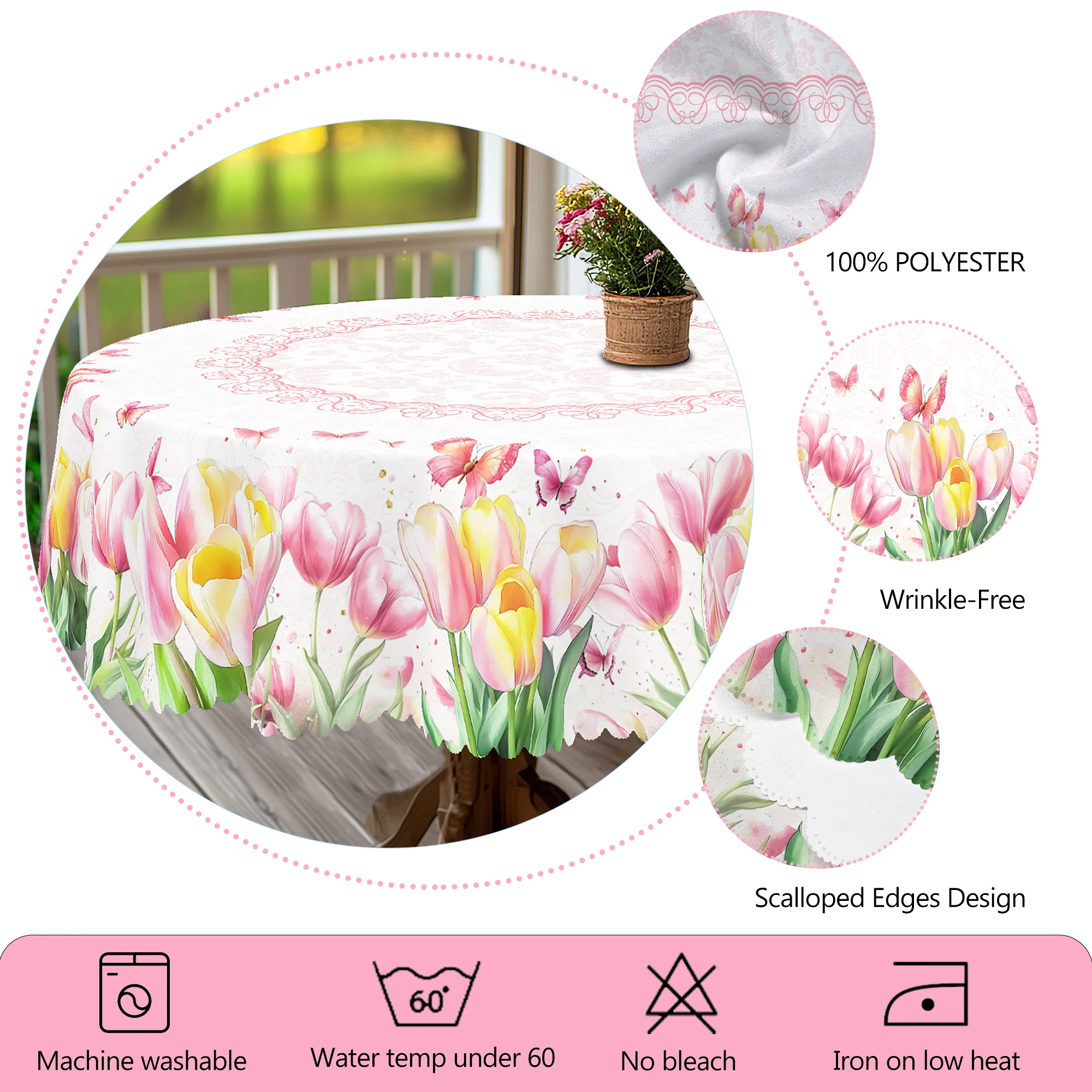 1 Piece of Tulip Flower Round Tablecloth, 5 Sizes Available, Butterfly Flower Pattern Printed Tablecloth, Edge Embossing Process, Spring Garden Tablecloth Decoration, Tablecloth for Daily Home Kitchen, Terrace, Spring Decoration, Home Decoration 5