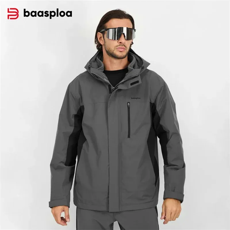  Baasploa New Men Jacket Outdoor Climbing Trekking Waterproof 3-in-1 Hooded Jacket Male Casual Fleece Inner Liner Windproof Coats 