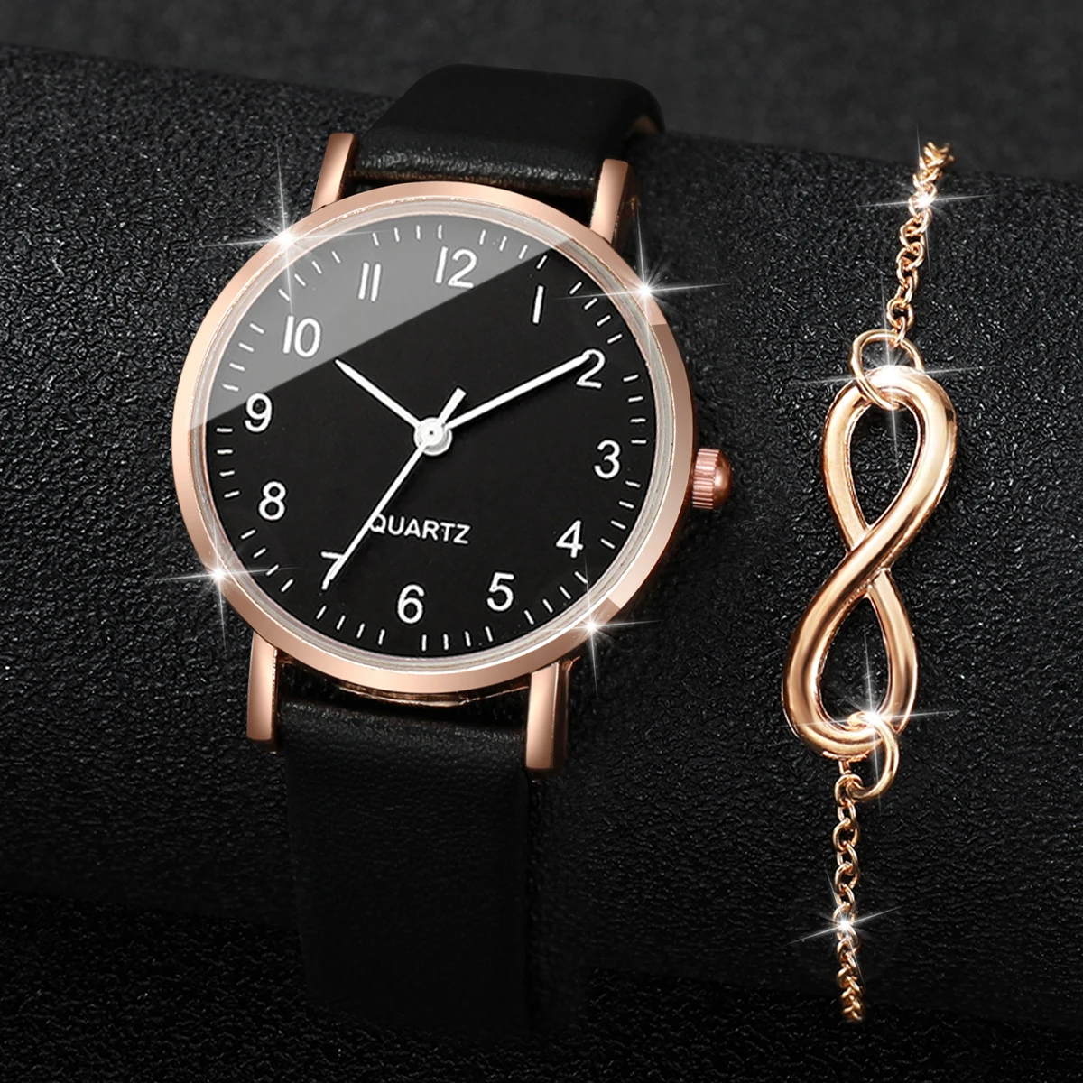 4Pcs/Unisex Set Fashion Leather Band Women Quartz Watch With Double Bracelet Set 3
