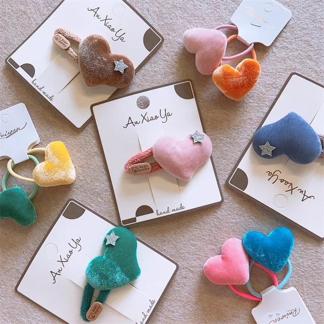 New Children Small Fresh Solid Color Flocking Love Heart Wool Hair Clips Girls Baby Cloth Peach Heart Hair Rope