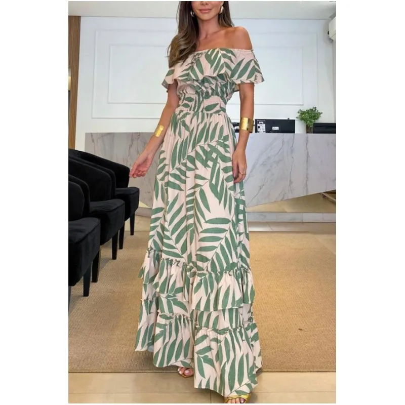 Elegant Women's Maxi Dresses Off Shoulder 2025 Summer Lady Ruffle Patch  Holiday Party Style Sexy Dress Vesido Mujer Robe S-XL - AliExpress 200000345