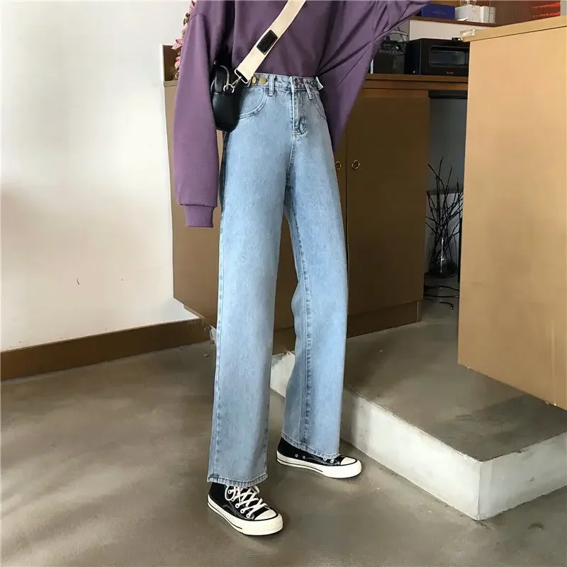 2021 Autumn New All-match Retro Chic Streetwear Vintage Jeans Korean Fashion High Waist BF Oversize Wide Leg Straight Trousers