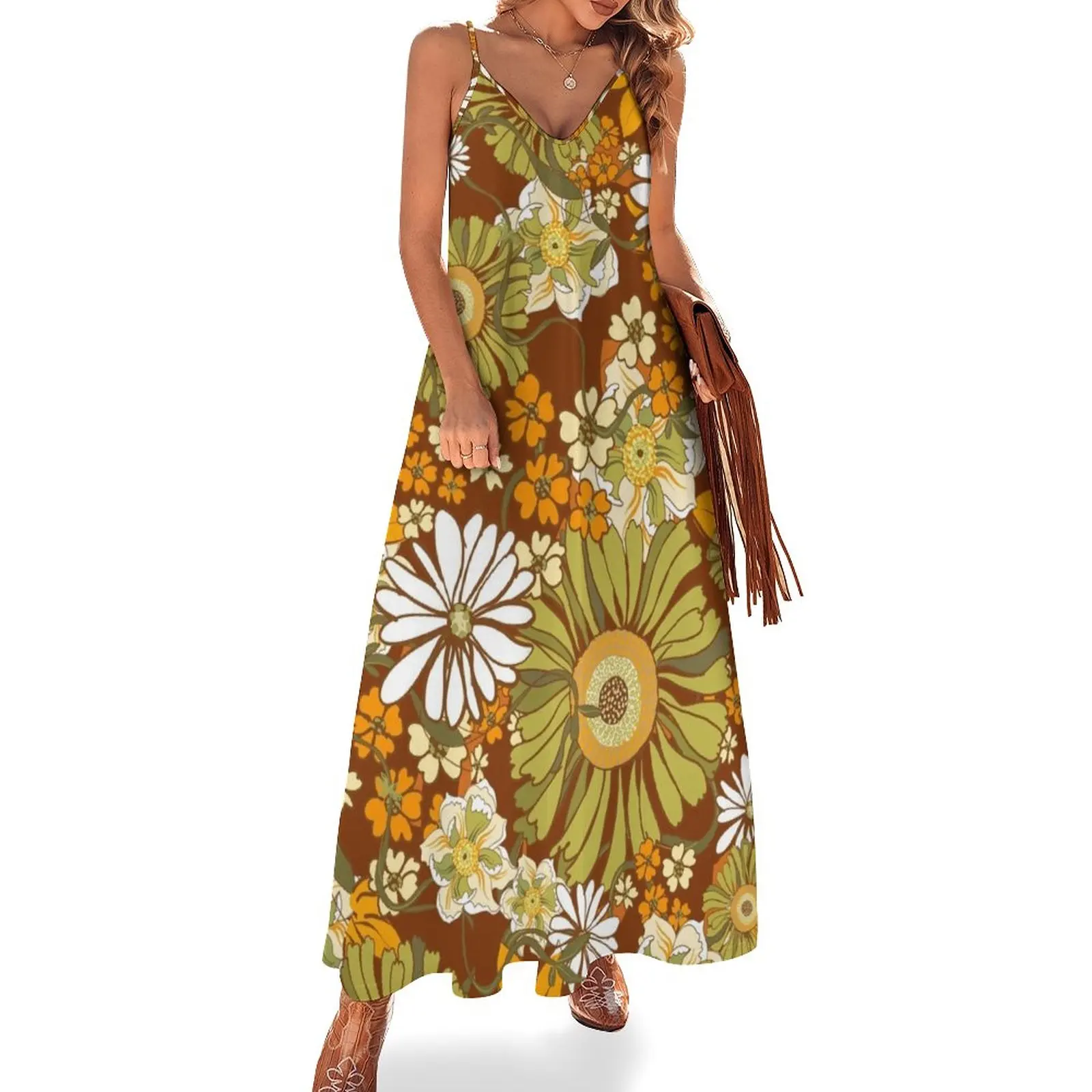 

70s Retro Vintage Flower Power pattern boho, orange, brown, Sleeveless Dress clothing women summer 2023 Long dress