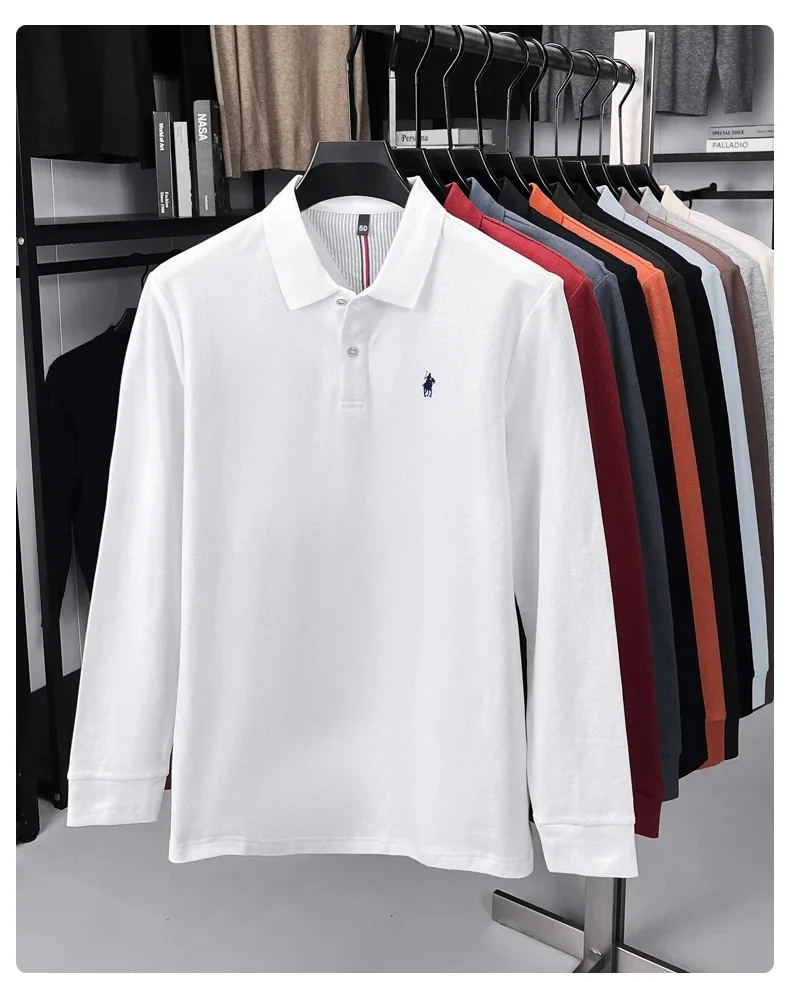 100% reine Baumwolle Luxus Herren Langarm-Poloshirt Designer-Marke Paul mit Pony-Stickerei Weicher Komfort Frühling Herbst Casual T-Shirt – Detail 15