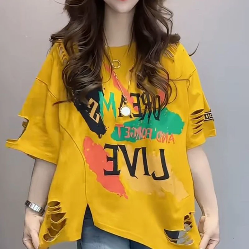 

Fashion O-Neck Printed Letter Hole Irregular T-Shirts Female Clothing 2024 Summer New Loose Casual Tops Asymmetrical Tee Shirt