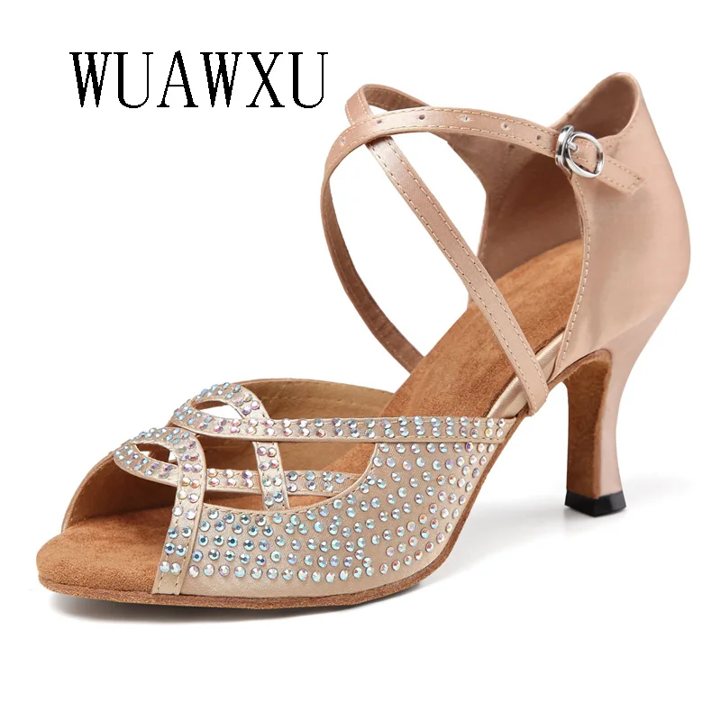 NATASHA Black Satin Inlaid Diamond Latin Dance Shoes Women's 2023 New Soft Sole Dance Sandals Summer Dance Medium High Heels