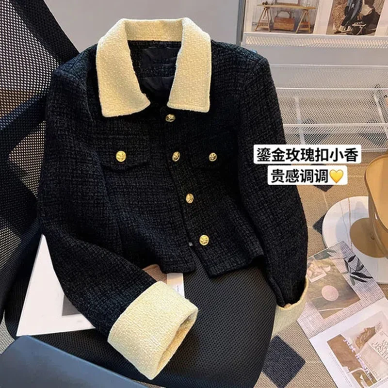 Korean Cropped Tweed Jacket Women 2023 Spring Autumn Turn Down Collar Vintage Outwear Ladies Office Work Single Breasted Coat