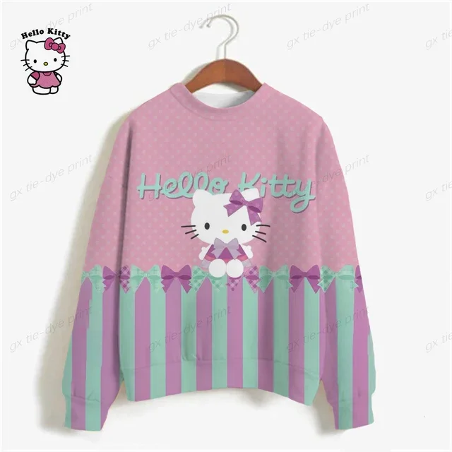 Sudadera con capucha de manga larga con estampado de HELLO KITTY para mujer, suéter de moda con capucha de dibujos animados para otoño e invierno