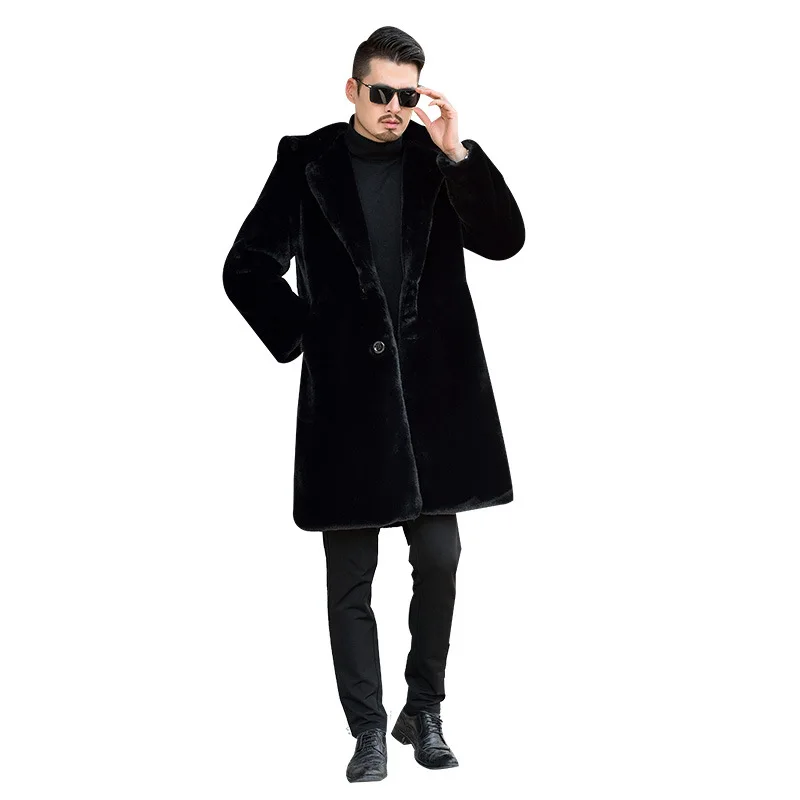 2023 New Faux Fur Men's Winter Mid length Fur Coat Thickened Large Hooded Coat Men's Fashion Warm