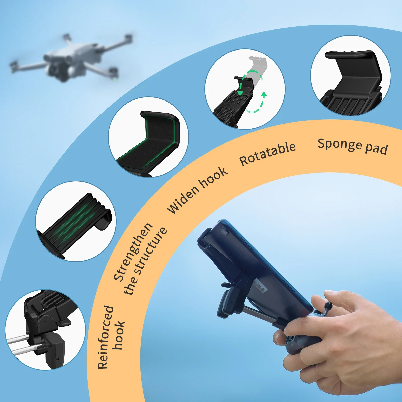 Support tablette gris clair pour radiocommande DJI RC-N1 et RC-N2, plié pour le transport.