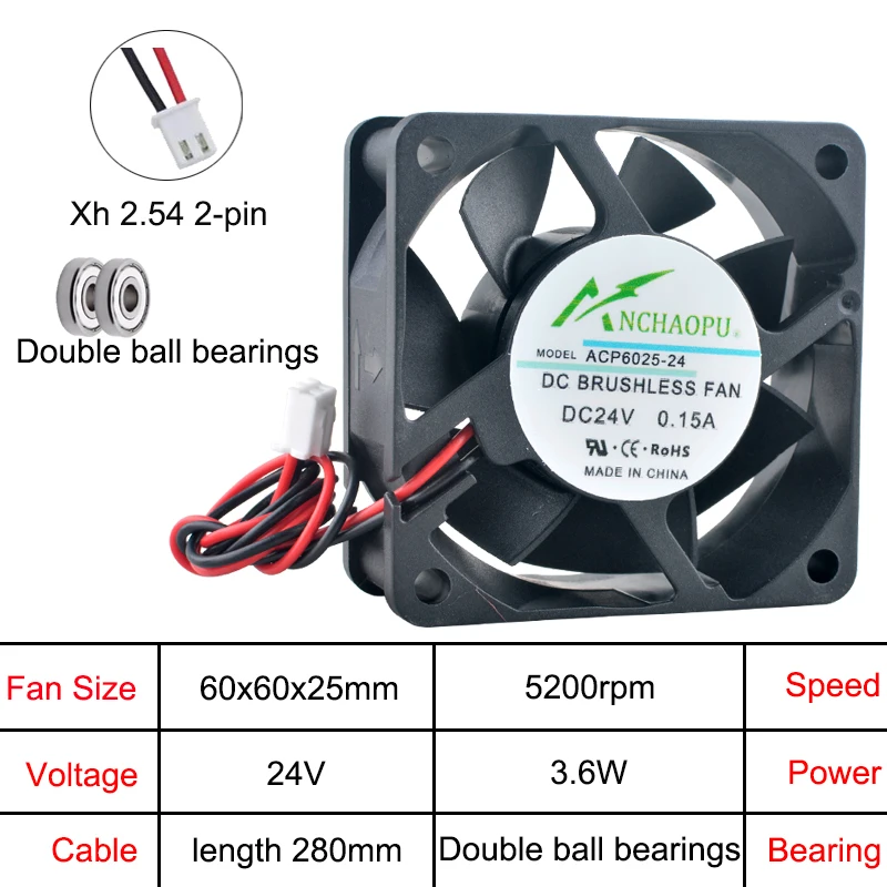 충전기, 전원 공급 장치, 주파수 변환기용 고속 60x60x25mm 축 냉각 팬 DC 5V/12V/24V 2핀 ACP6025