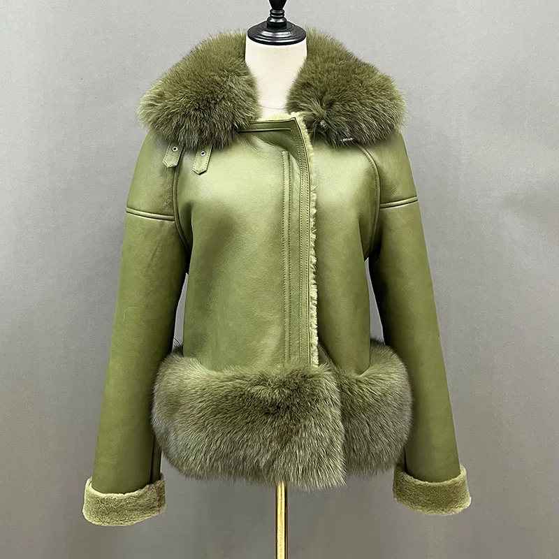 Shearing Real Sheepskin2022 New Lady Leather Jackets Winter Warm Real Fox Fur Collar Cuffs Fur Lining Short Coat Overcoats 7421B