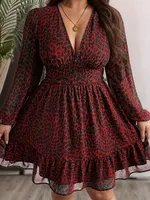 New Sexy V-Neck Leopard Print Long-Sleeve Dress Plus Size Women Clothing American Slim A-Line Skirt Elegant Party Evening Dress - Image 3