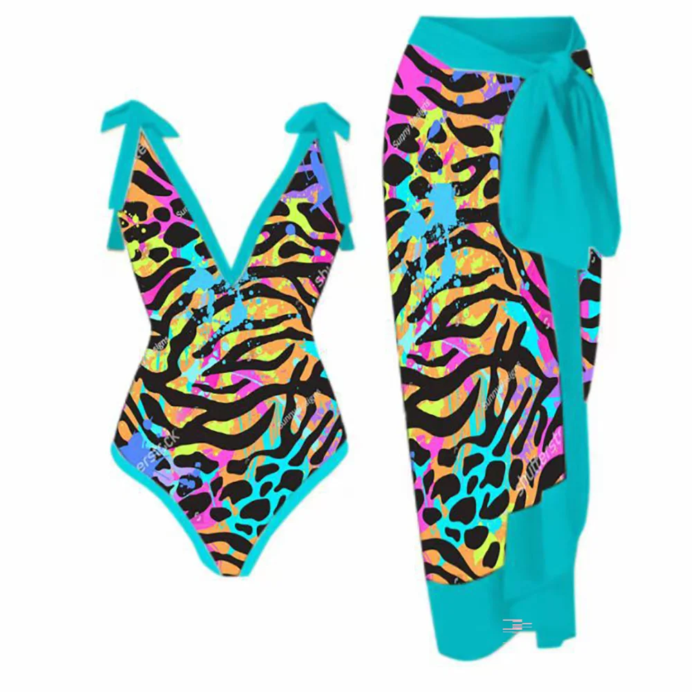 New Fashion Cover-Up Swimwear Summer Beach Wear Sexy One-piece Swimsuit Suit Long Skirt Chiffon Print Deep V Bikini