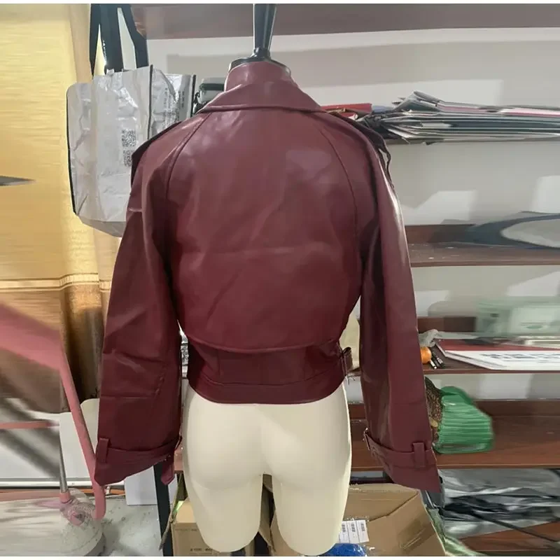 Casual Leather Short Leather Jacket With Belt Lapel Long Sleeved Cropped Coat New Fashion Lady Street Party New Outwears _