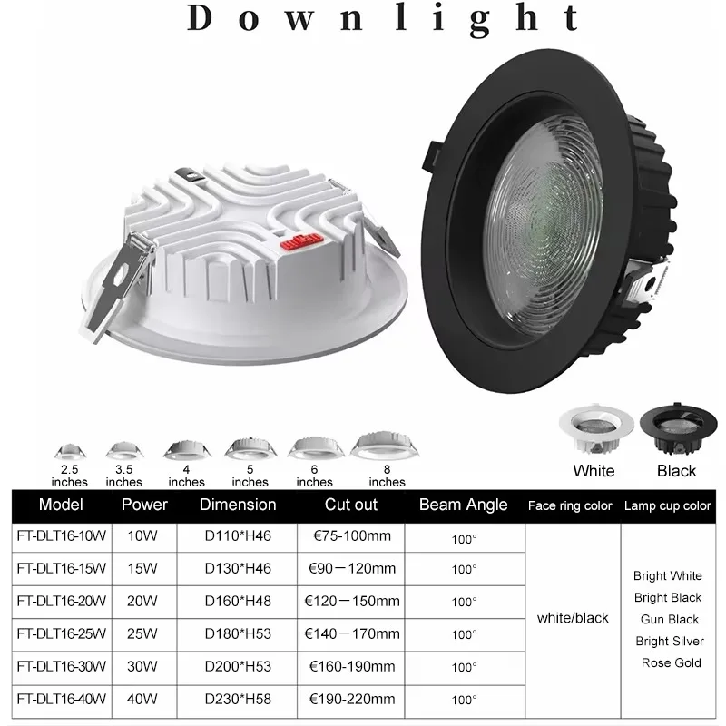 조광 가능한 CCT 변경 LED 매입형 다운라이트 10-40W DIP 스위치 벽 스위치 제어 LED 조명 (실내 가정 호텔용)