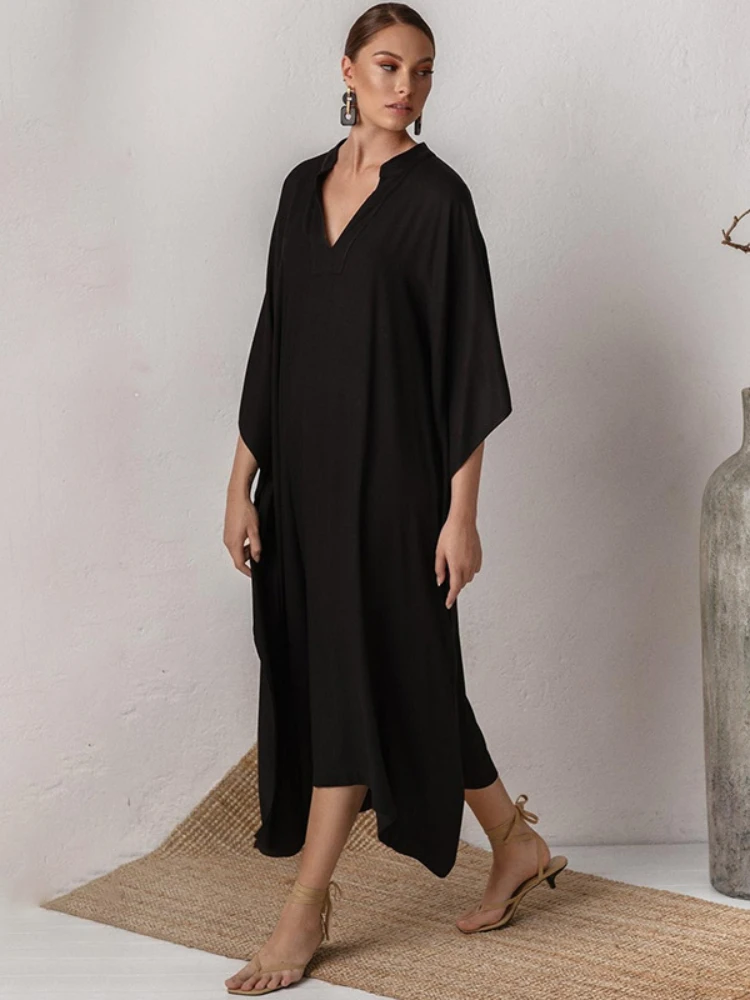 Swimsuit Cover Up Women Kaftan Beach Tunic Solid V Neck Elegant Summer Long Dress Loose Beachwear Bathing Suit Swimwear 3