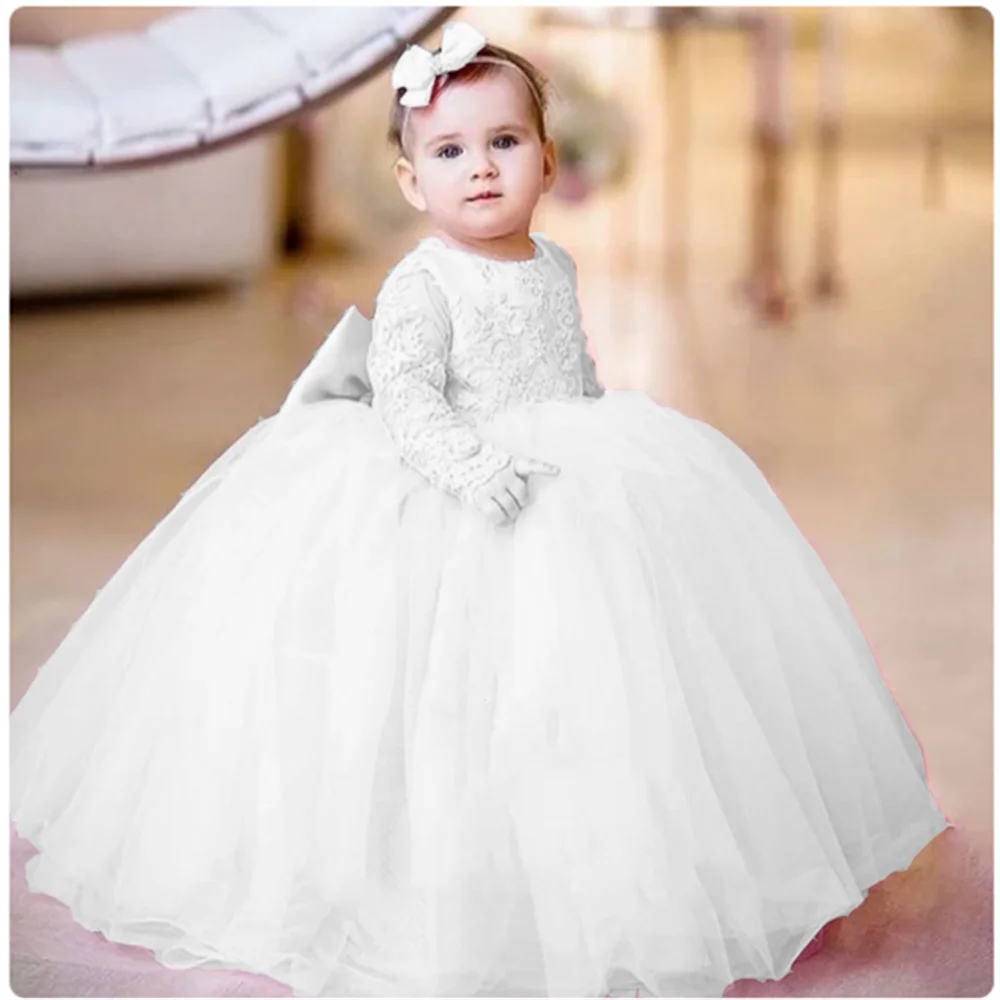 

White Flower Girl Dresses Cute Applique Bow First Communion Birthday Prom Party Lace Fluffy Wedding Party Gowns