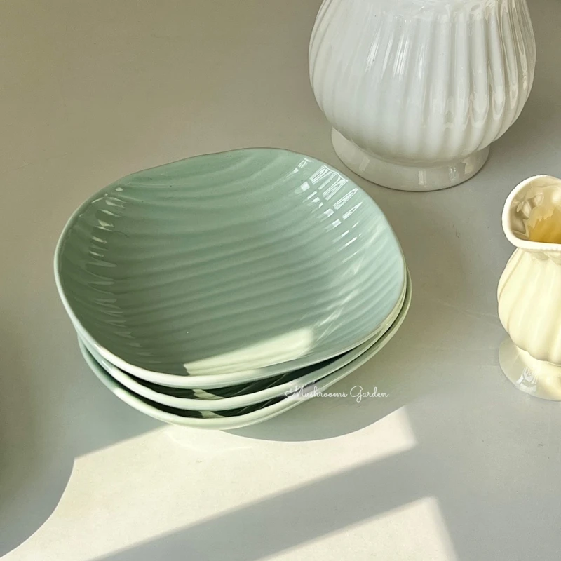 

Mushrooms Garden Japanese Mint Green Mini Oval Striped Relief Snack Snack High Temperature Dessert Salad Ceramic Plate