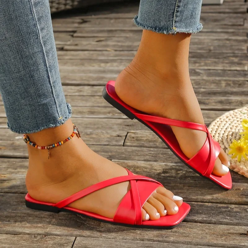 Shoes Female Hot Sale Open Toe Women's Slippers Casual Beach Slippers Women Square Toe Flat with Plus Size Women's Sandals