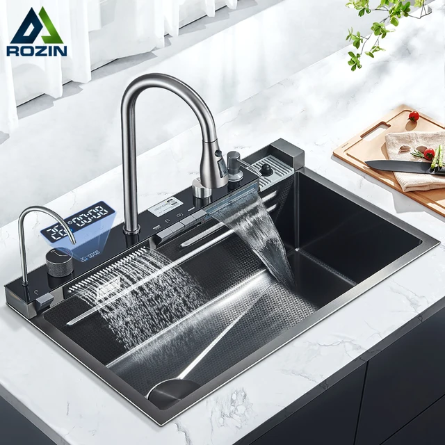 Stainless Steel Kitchen Sink with Faucet Digital Display Large Single Bowl Waterfall Rain 5 Functions System Dish Basin Sink 1