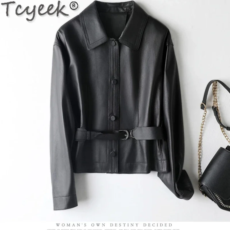 

Tcyeek Real Sheepskin Coat for Women Slim Black Natural Leather Jacket 2023 Spring Autumn Motocycle Jackets Belt Куртка Кожаная
