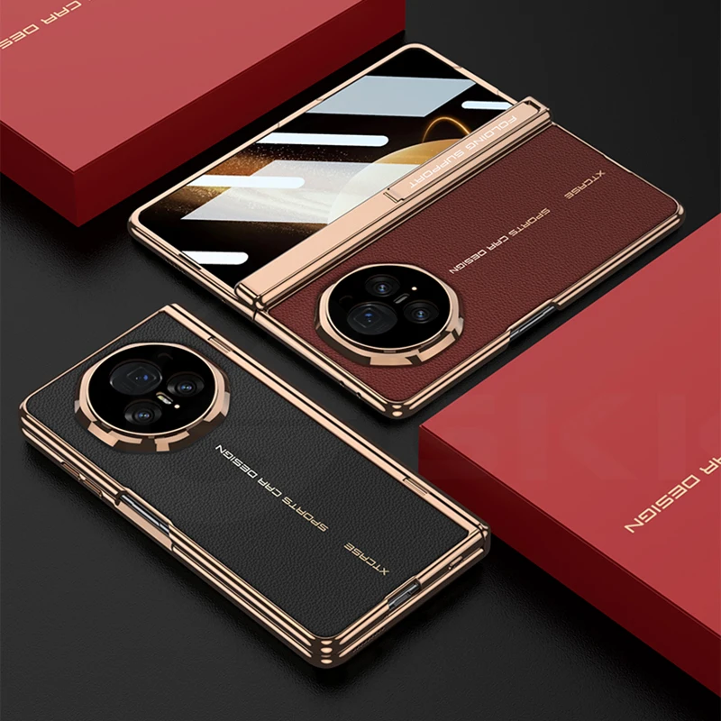 Luxury Plating Leather Screen Glass Case For Honor Magic V3 Magnetic Hinge Brack
