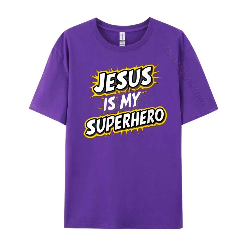Round Neck Womens Jesus Is My Superhero 100% Cotton Fabric Women's T-shirts Birthday Short Sleeve Tees Discount Slogan Tees Womens Jesus Is My Superhero Christian God Religious Comic Boy _C16584 purple