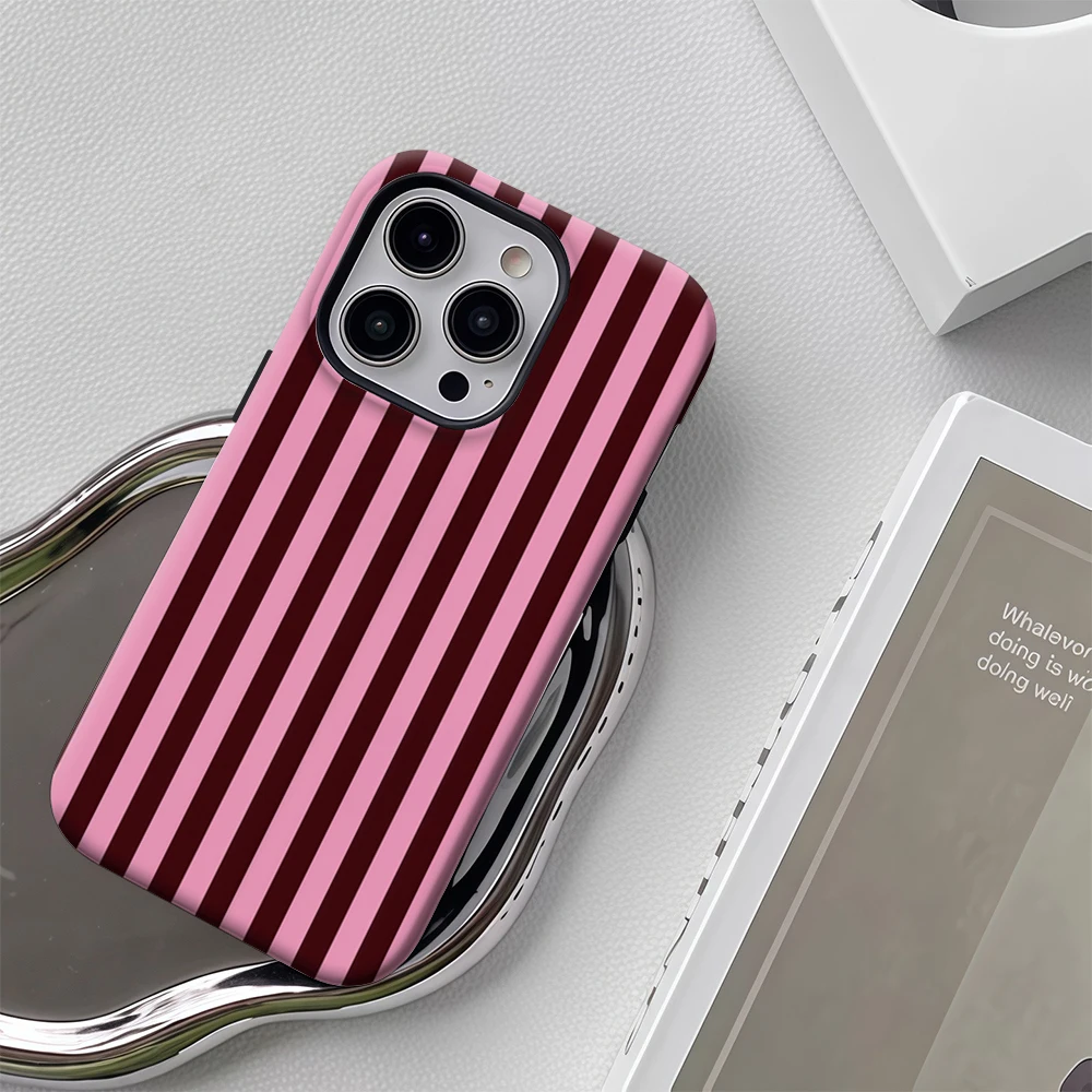 Luxury Double-Layer Pink Burgundy Vertical Striped Phone Case