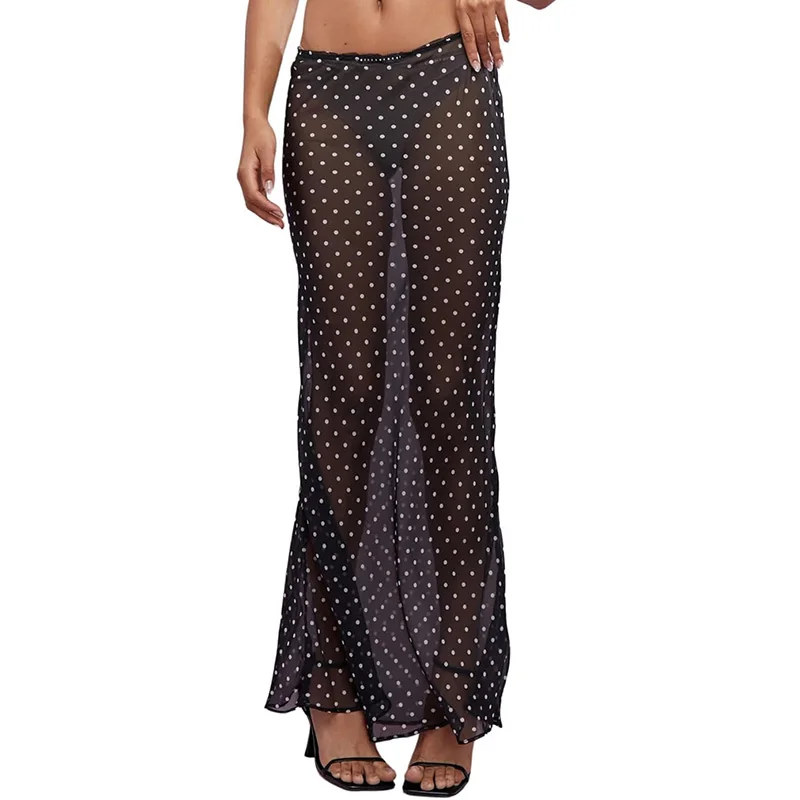Women Polka Dot Bikini Cover-ups Maxi Skirts Frill Trim High Waist Mesh Sheer Flowy Skirt Fairy Coquette See Through Long Skirts