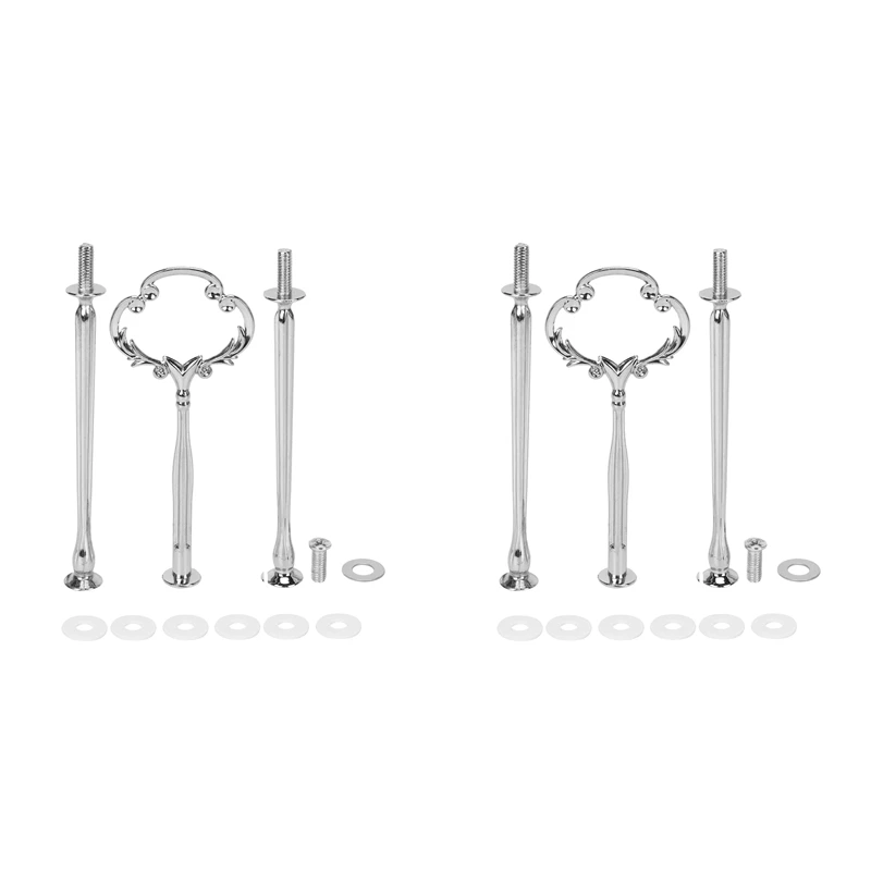 

NEW-2 3 Tier Cake Plate Stand Heavy Metal Center Handle Fitting Hardware Rod Shape:Ornate Victoriana Color:Silver 2 Sets