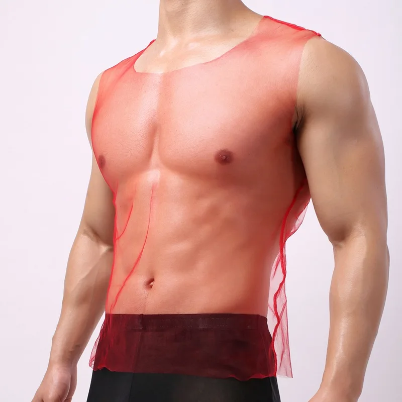Sexy Men Undershirts Mesh Silk See Through Lingerie Tank Tops Sleeveless Fishnet Shirts Vest Underwear Sissy Slip Nightwear 2XL